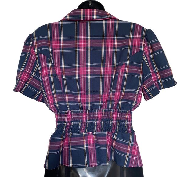 Wet Seal Plaid Three Button Smocked Waist Peplum Preppy Academia Top Sz XL - Picture 2 of 14